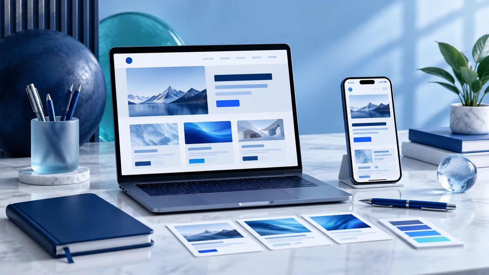 Laptop and smartphone displaying website layouts beside planning cards.
