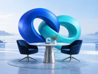 Interlocking blue and turquoise rings behind a table with two meeting chairs.